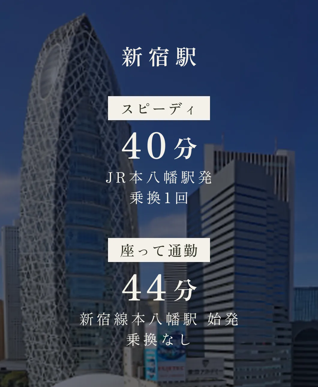 新宿駅 スピーディ 40分 JR本八幡駅発 乗換1回 座って通勤 44分 新宿線本八幡駅 始発 乗換なし